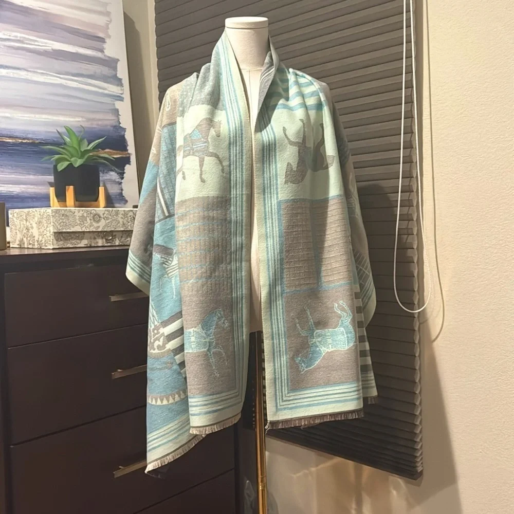 Devon Aqua Equestrian Motif Luxe Multi Use Shawl/Wrap/Home Decor